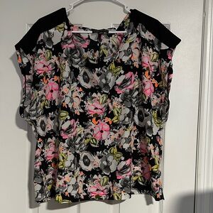 Forever 21 Black Floral Blouse with Pink and Yellow Accents